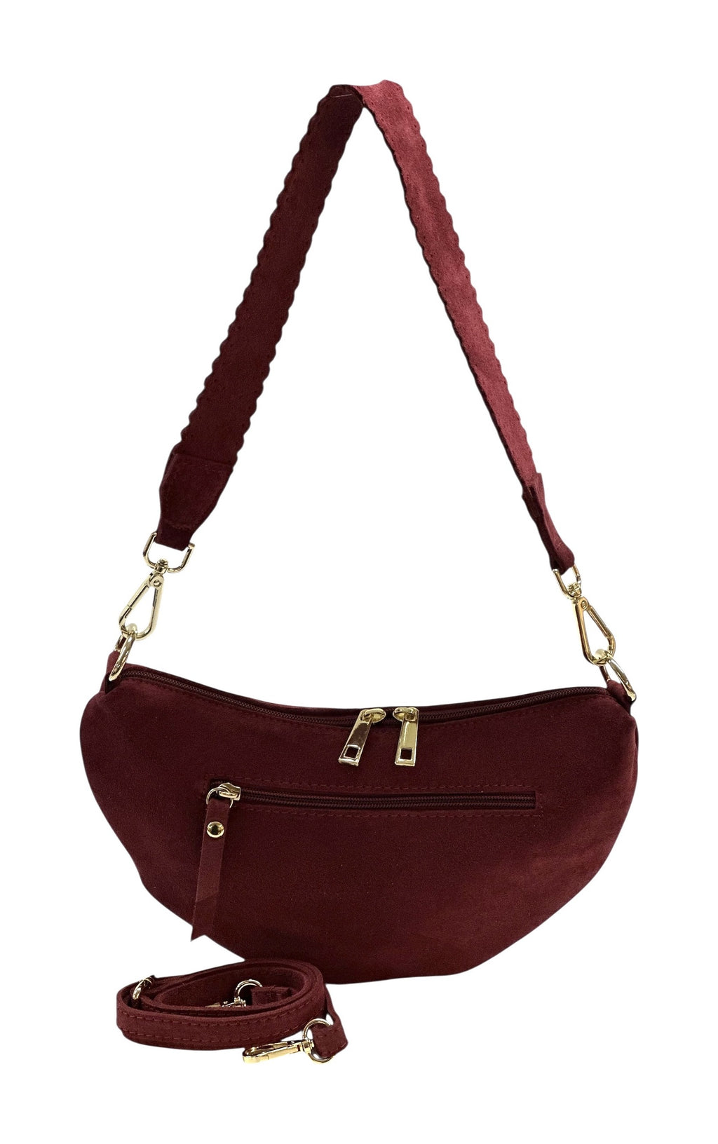 HE1173 Burgundy Half-Moon Suede Shoulder Bag