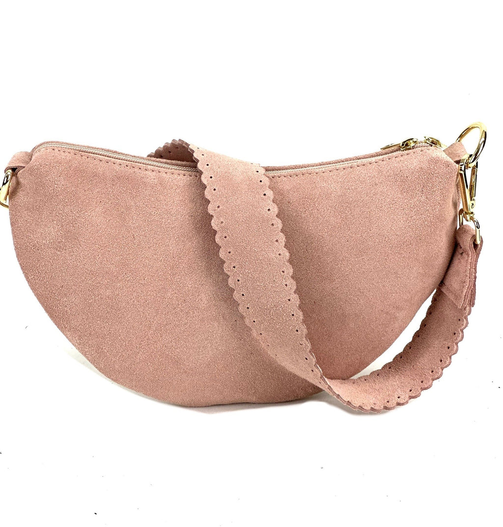 HE1174 Powder Pink Half-Moon Suede Shoulder Bag