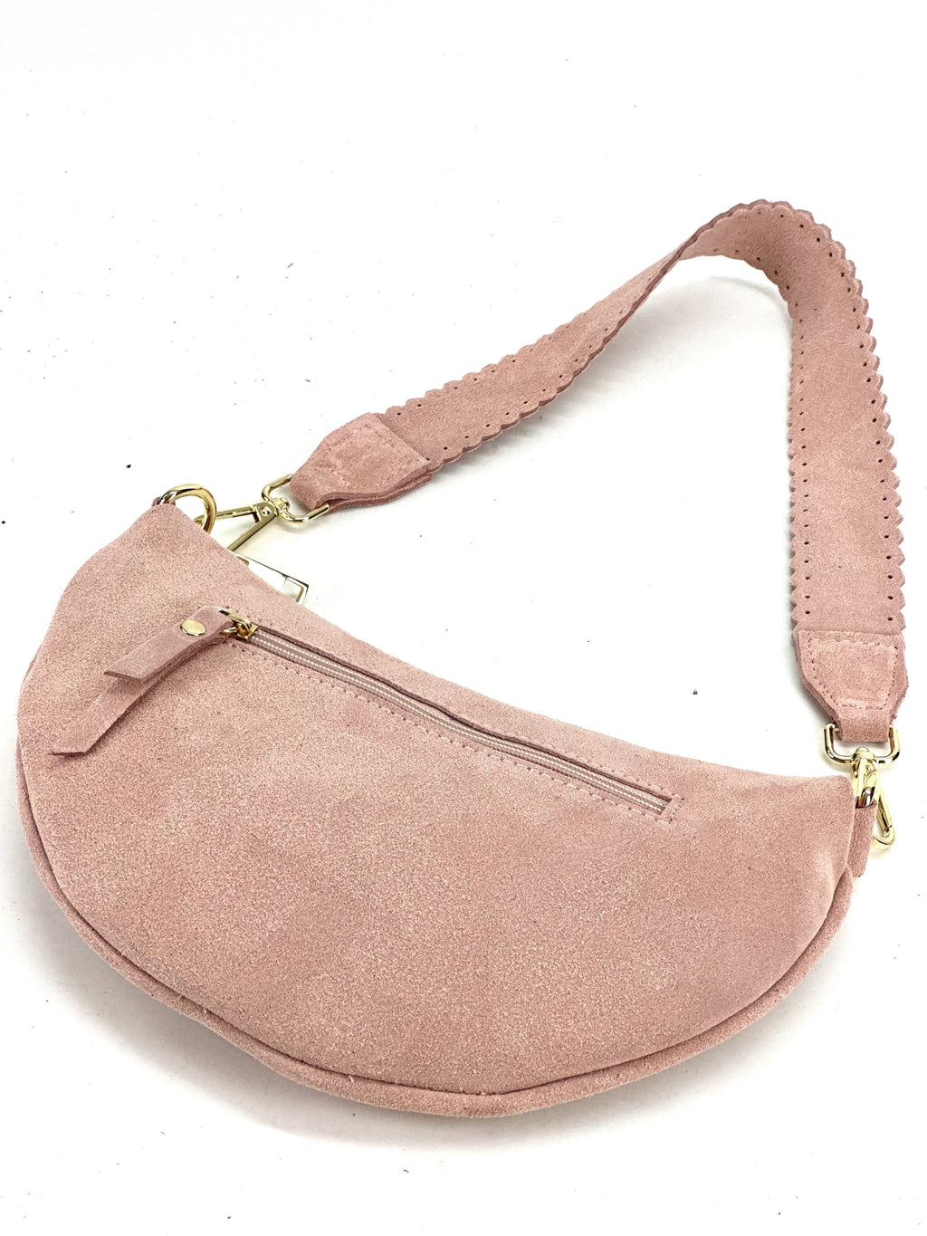 HE1174 Powder Pink Half-Moon Suede Shoulder Bag