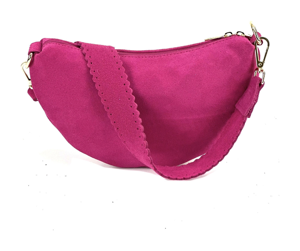 HE1175 Fuchsia Half-Moon Suede Shoulder Bag