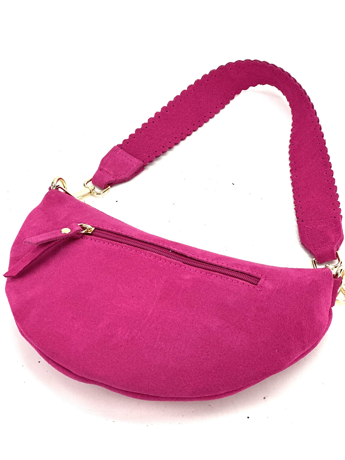 HE1175 Fuchsia Half-Moon Suede Shoulder Bag