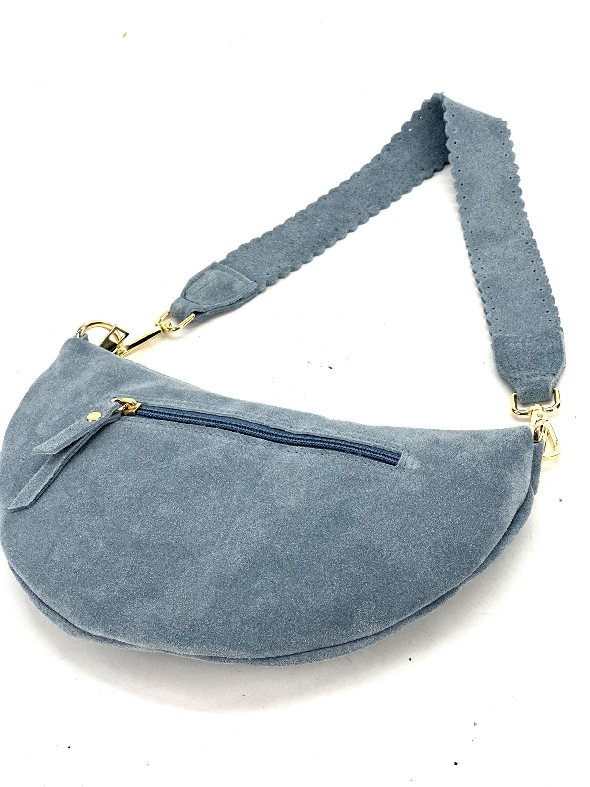 HE1176 Powder Blue Half-Moon Suede Shoulder Bag