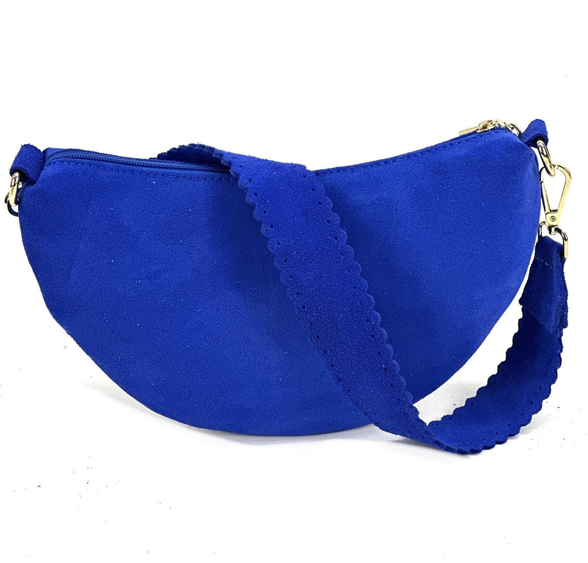 HE1177 Bright Blue Half-Moon Suede Shoulder Bag