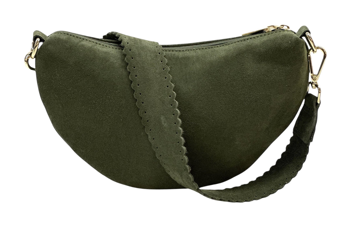 HE1180 Military Green Half-Moon Suede Shoulder Bag