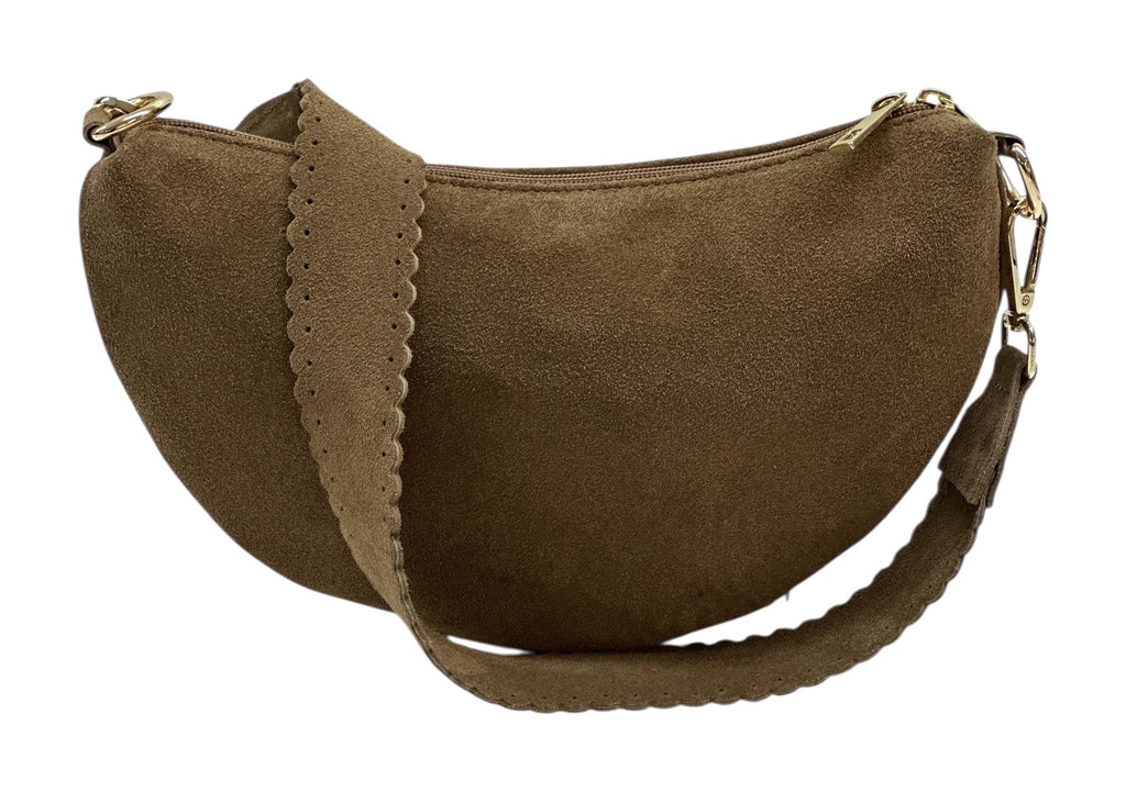 HE1181 Dark Taupe Half-Moon Suede Shoulder Bag