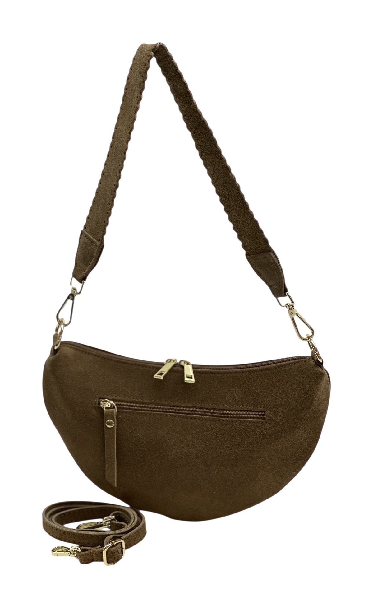 HE1181 Dark Taupe Half-Moon Suede Shoulder Bag