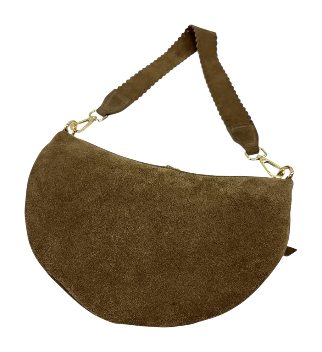 HE1181 Dark Taupe Half-Moon Suede Shoulder Bag