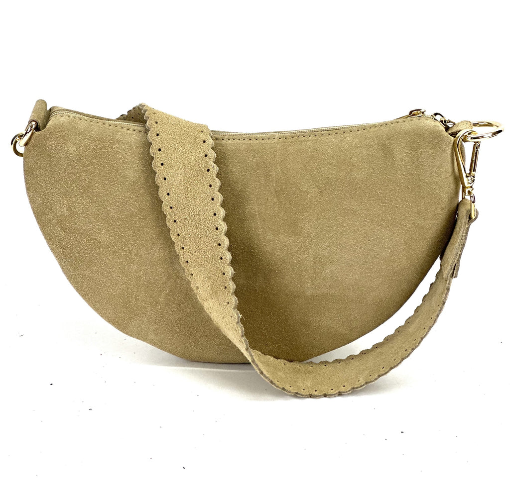 HE1182 Light Taupe Half-Moon Suede Shoulder Bag
