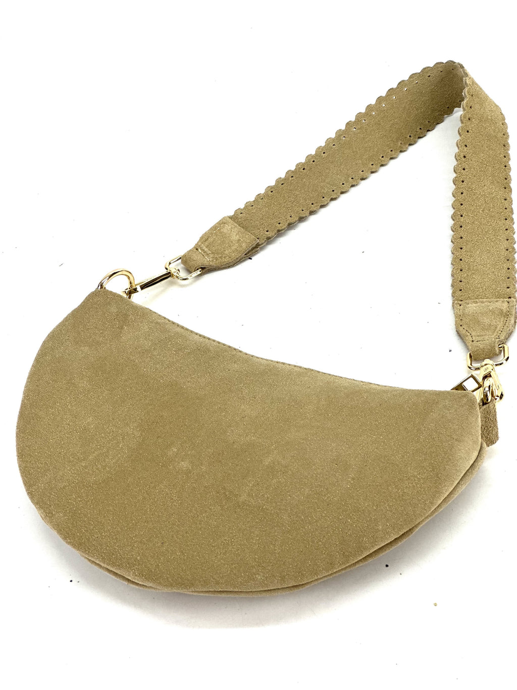 HE1182 Light Taupe Half-Moon Suede Shoulder Bag