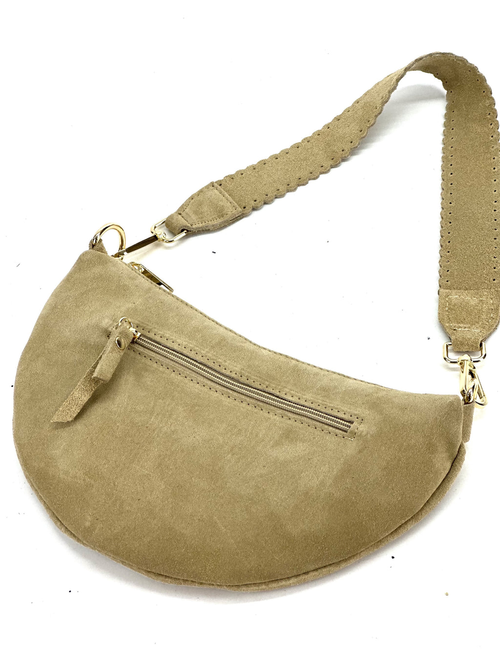HE1182 Light Taupe Half-Moon Suede Shoulder Bag