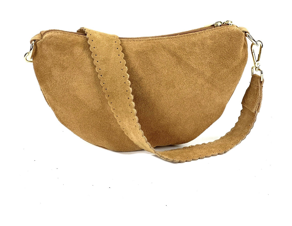 HE1183 Tan Half-Moon Suede Shoulder Bag