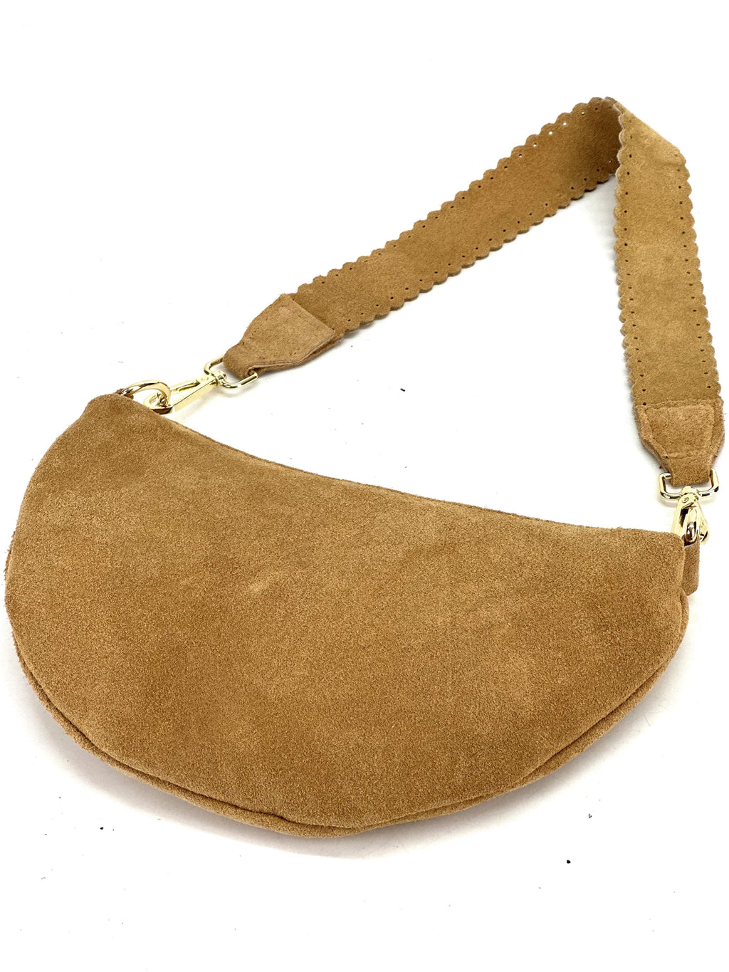 HE1183 Tan Half-Moon Suede Shoulder Bag