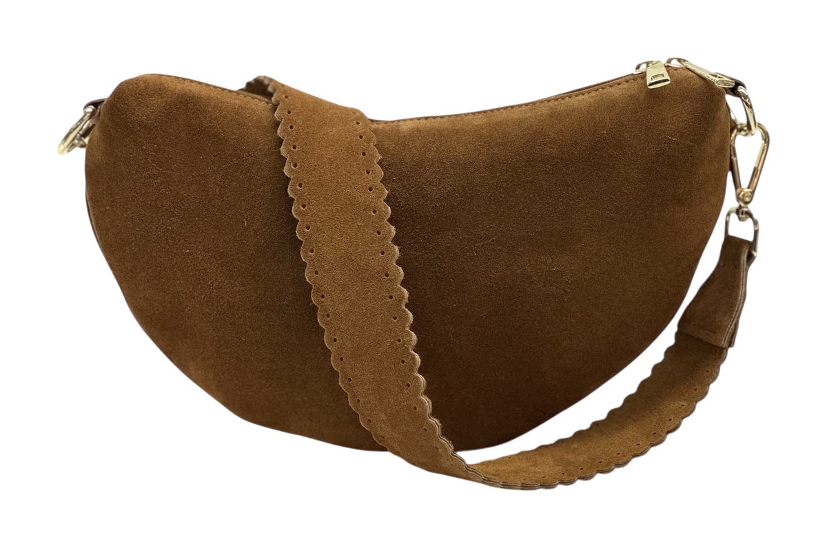 HE1184 Dark Tan Half-Moon Suede Shoulder Bag