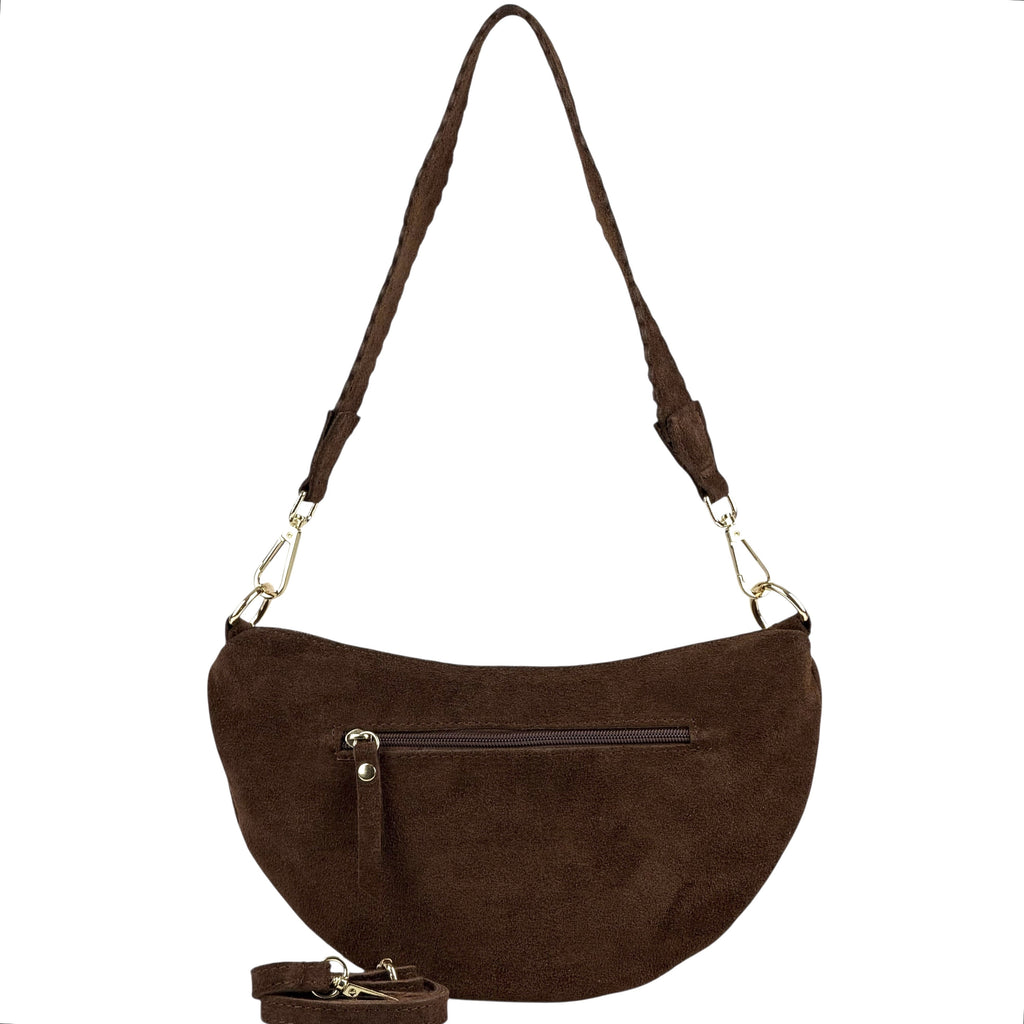 HE1185 Brown Half-Moon Suede Shoulder Bag