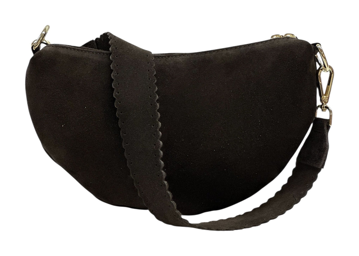 HE1186 Dark Brown Half-Moon Suede Shoulder Bag