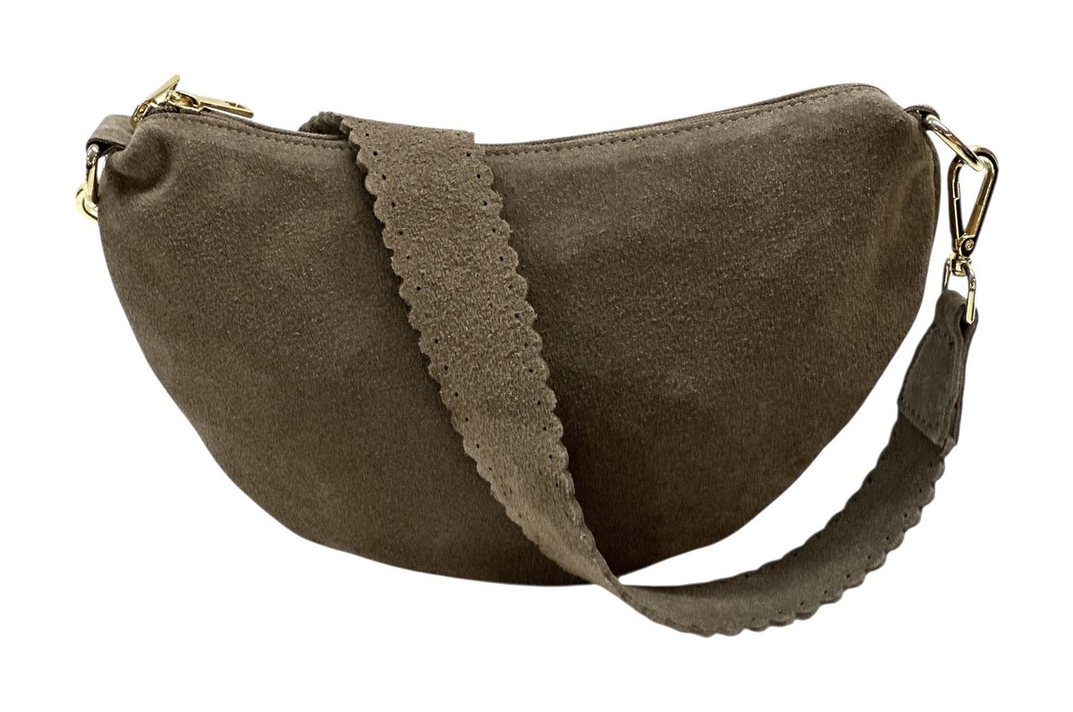 HE1187 Olive Brown Half-Moon Suede Shoulder Bag