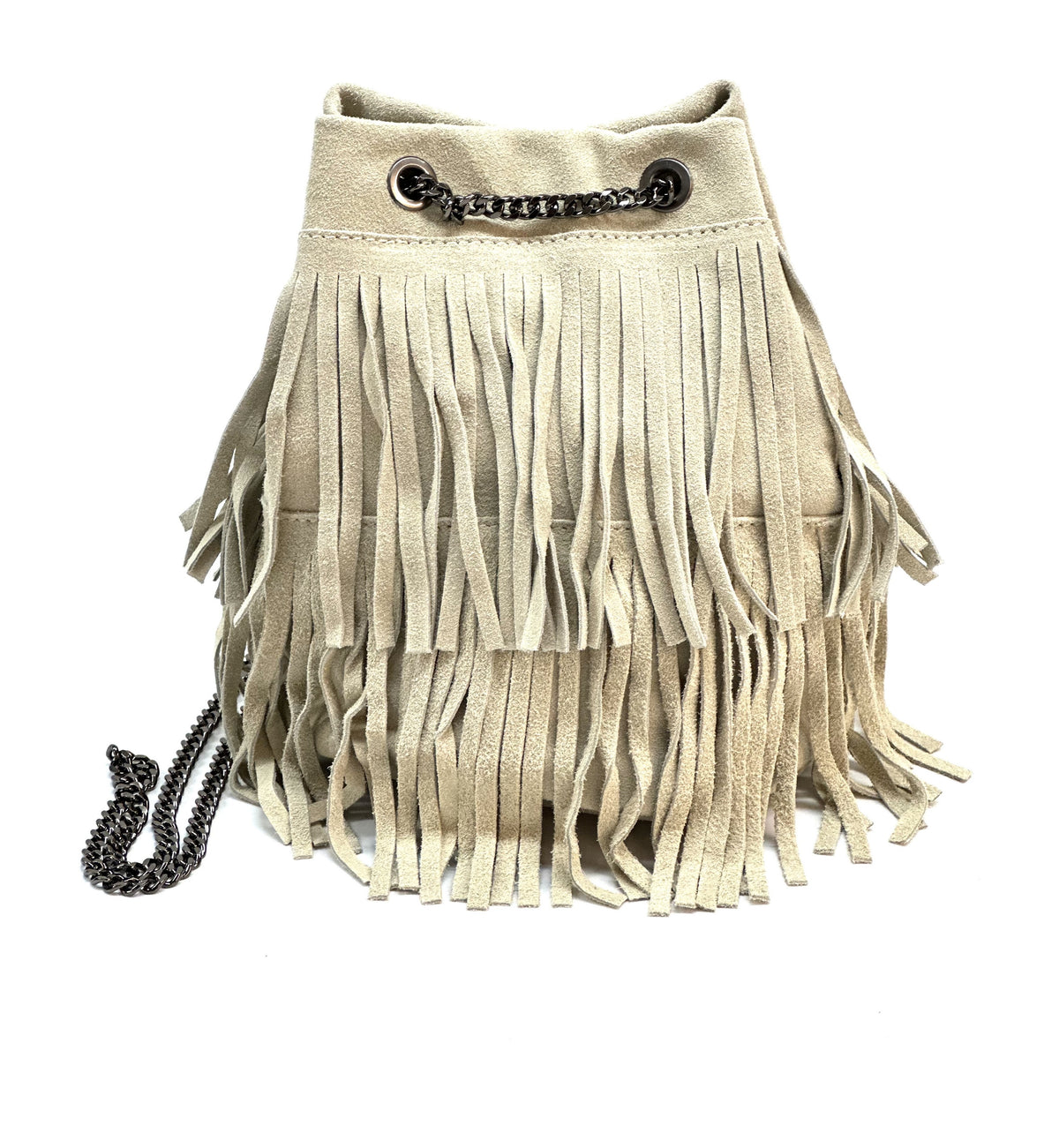 HE1189 Beige Fringe Suede Bucket Bag