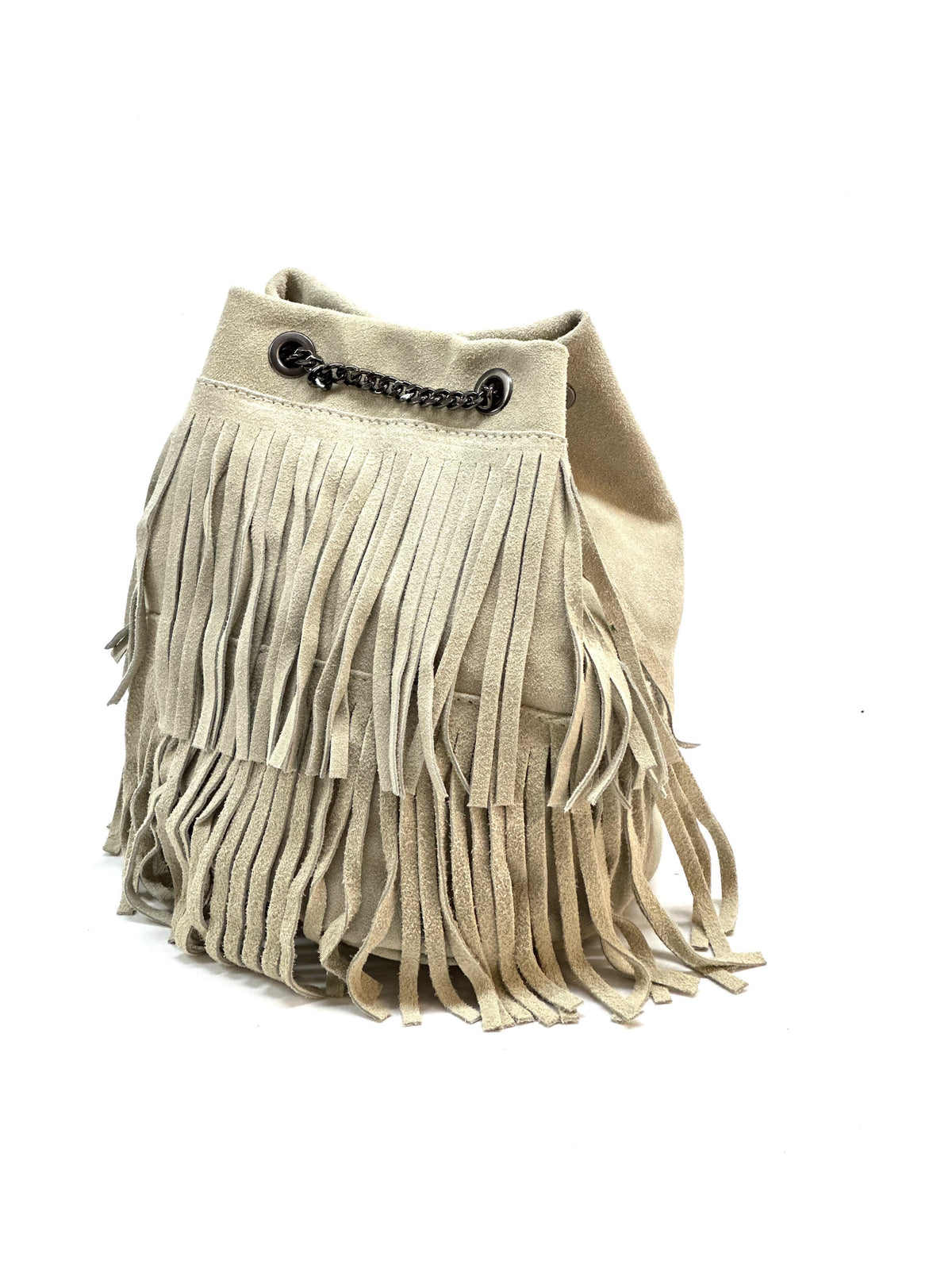 HE1189 Beige Fringe Suede Bucket Bag
