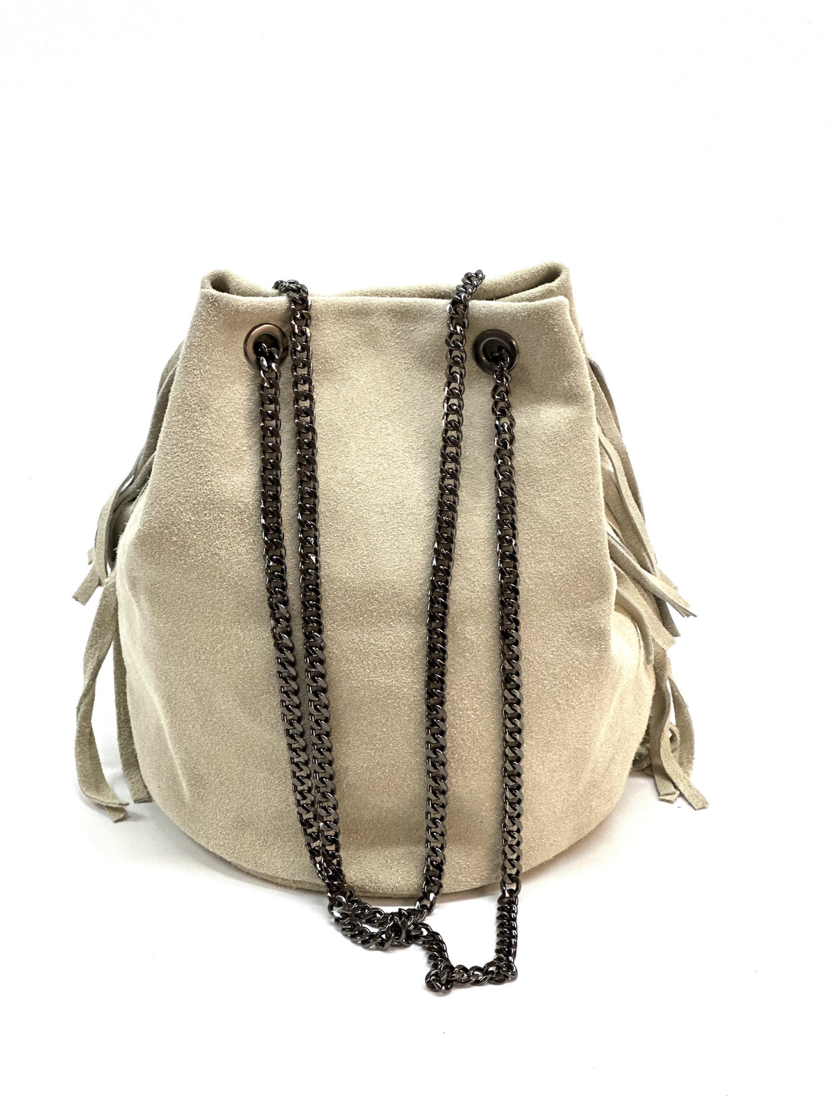 HE1189 Beige Fringe Suede Bucket Bag