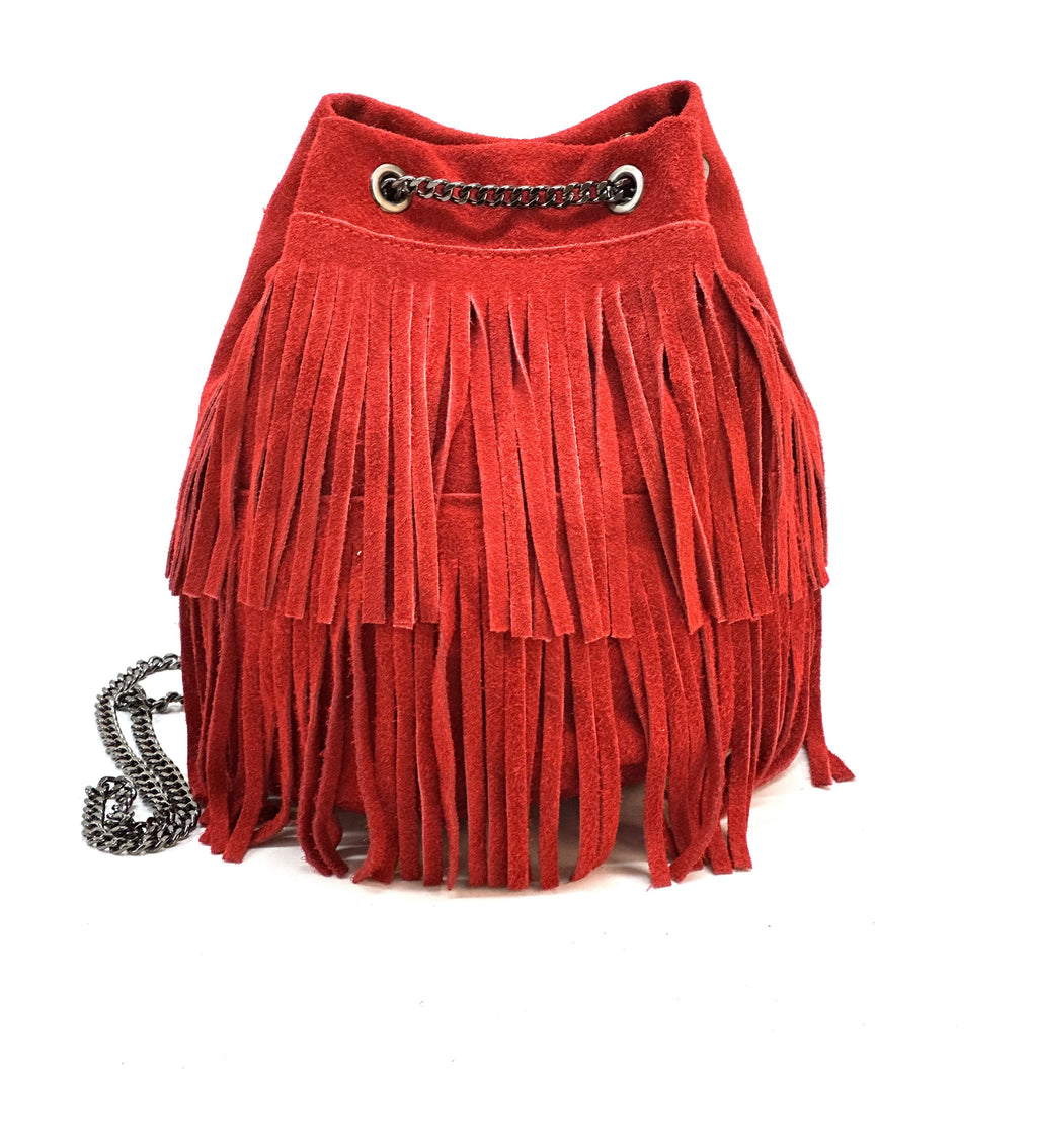 HE1190 Red Fringe Suede Bucket Bag