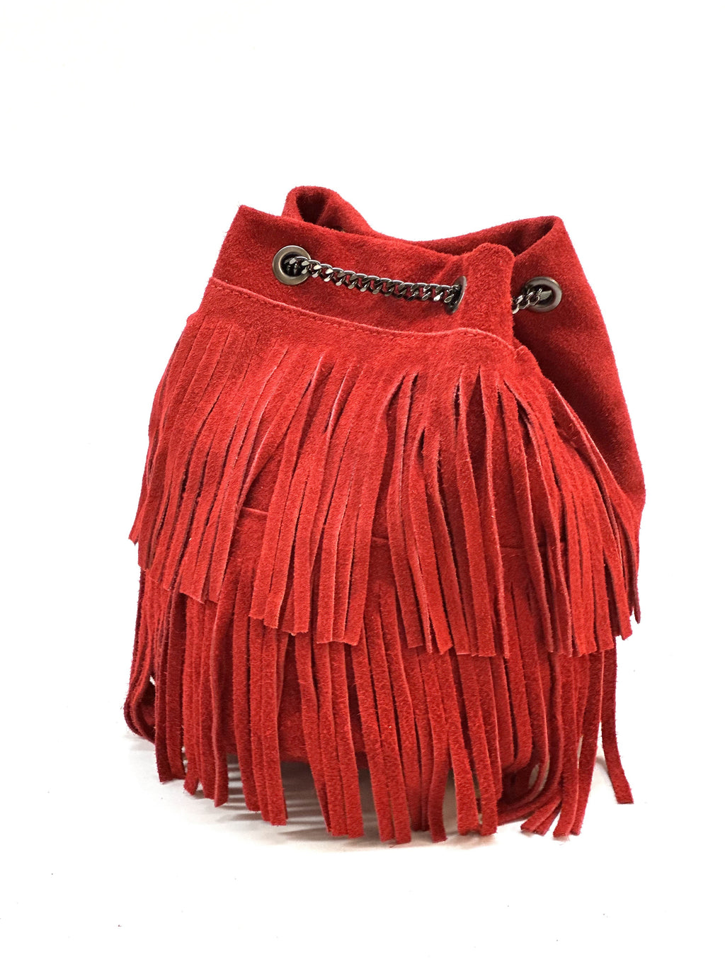 HE1190 Red Fringe Suede Bucket Bag