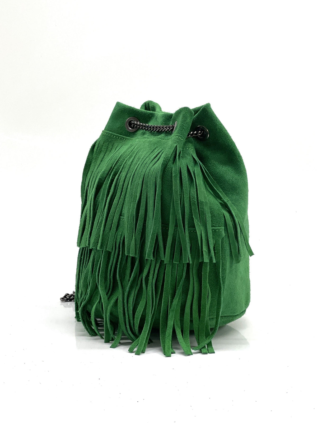 HE1191 Apple Green Fringe Suede Bucket Bag