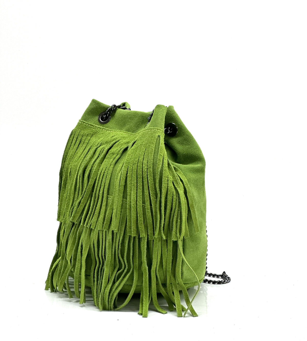 HE1192 Avocado Green Fringe Suede Bucket Bag