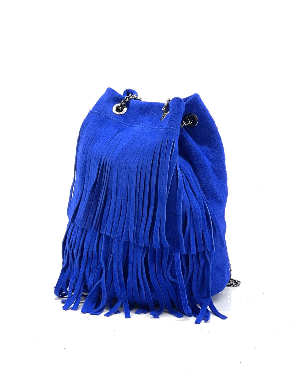 HE1193 Bright Blue Fringe Suede Bucket Bag