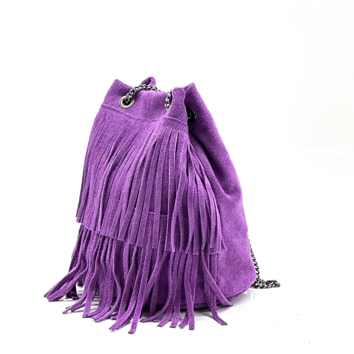 HE1194 Amaranth Fringe Suede Bucket Bag