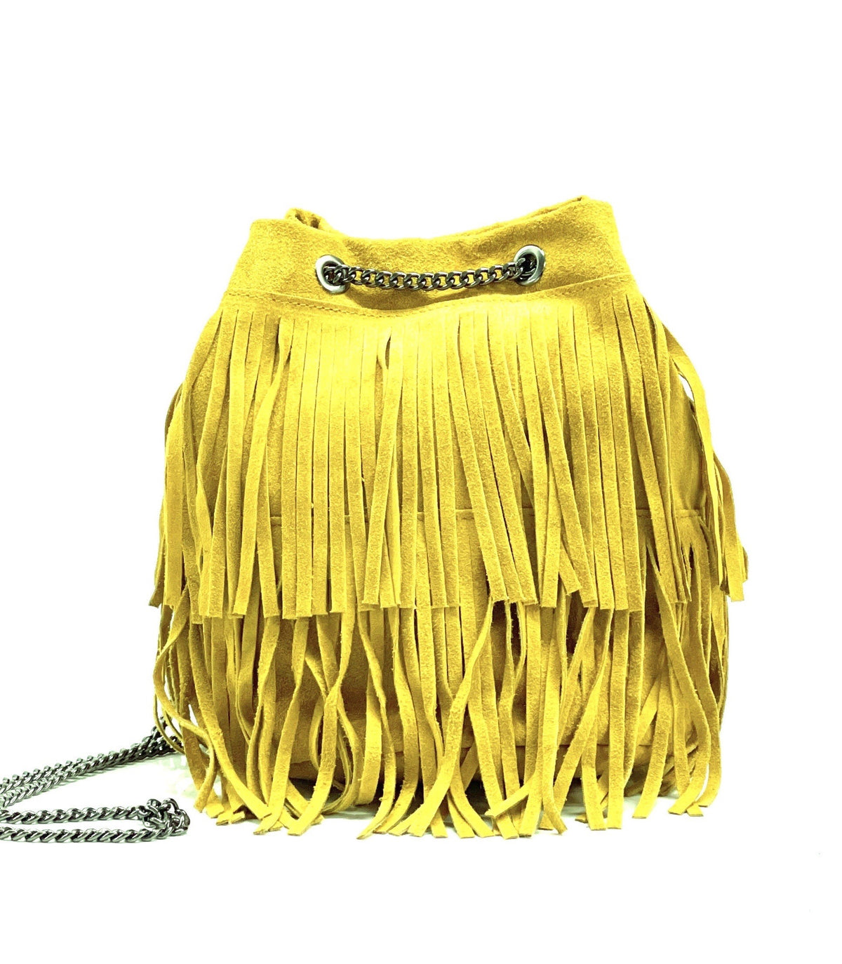 HE1195 Yellow Fringe Suede Bucket Bag