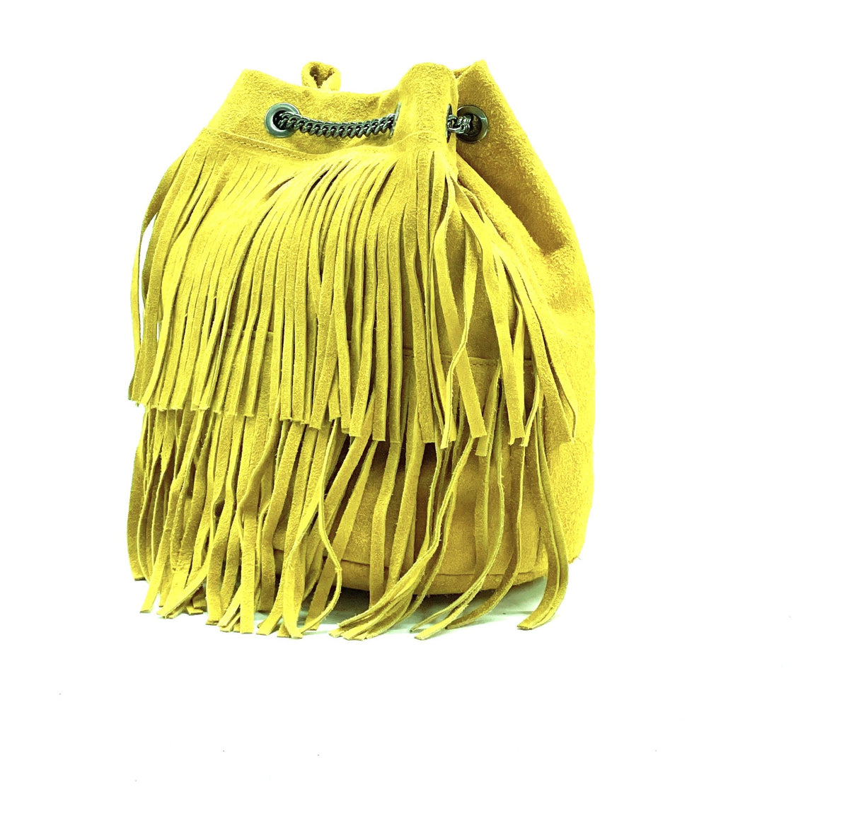HE1195 Yellow Fringe Suede Bucket Bag