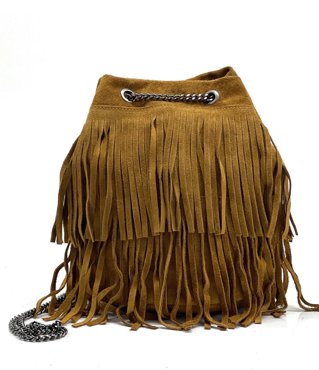 HE1196 Tan Fringe Suede Bucket Bag