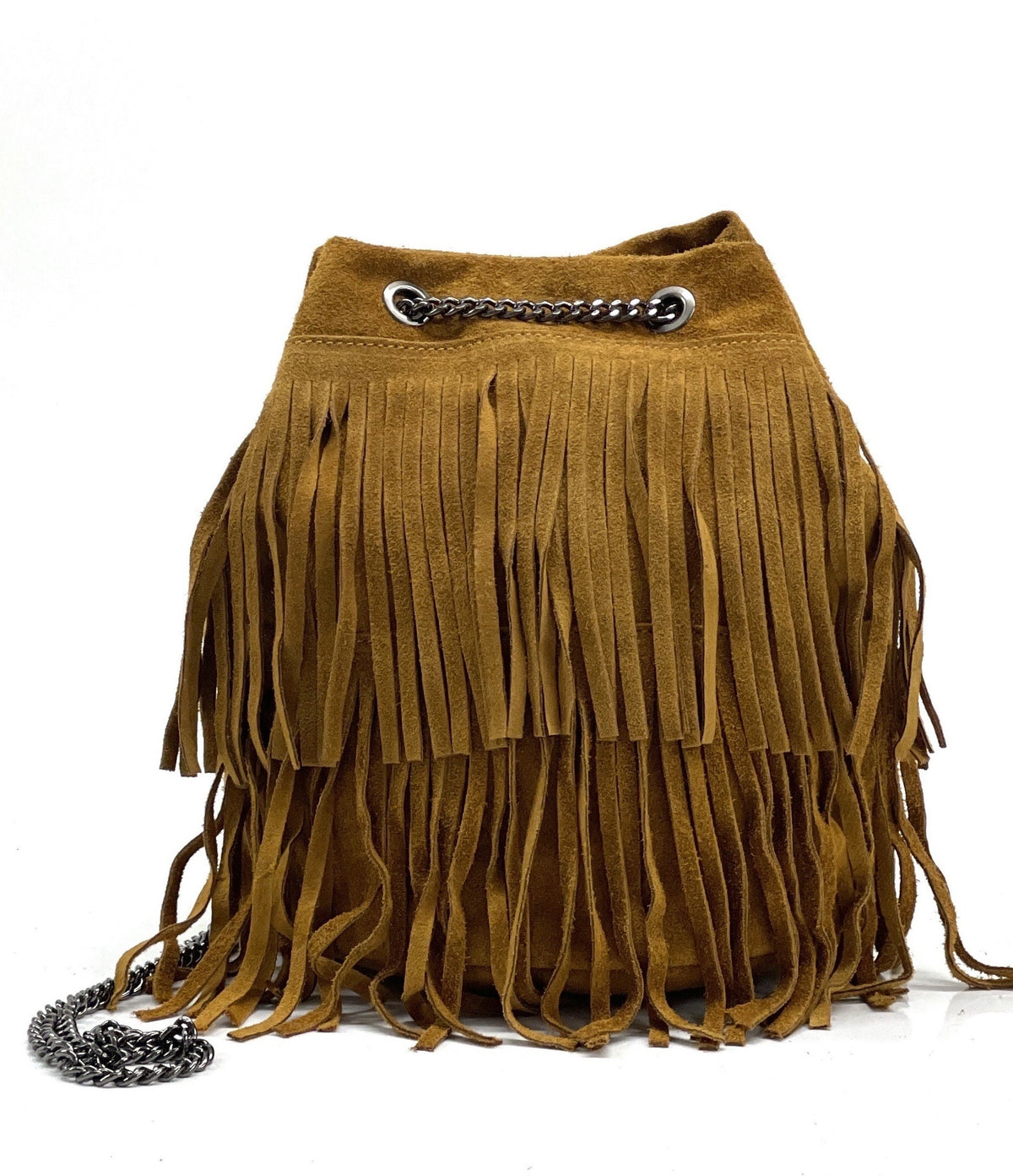 HE1196 Tan Fringe Suede Bucket Bag
