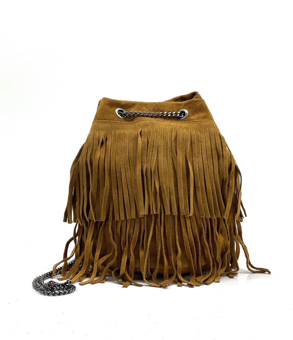 HE1196 Tan Fringe Suede Bucket Bag