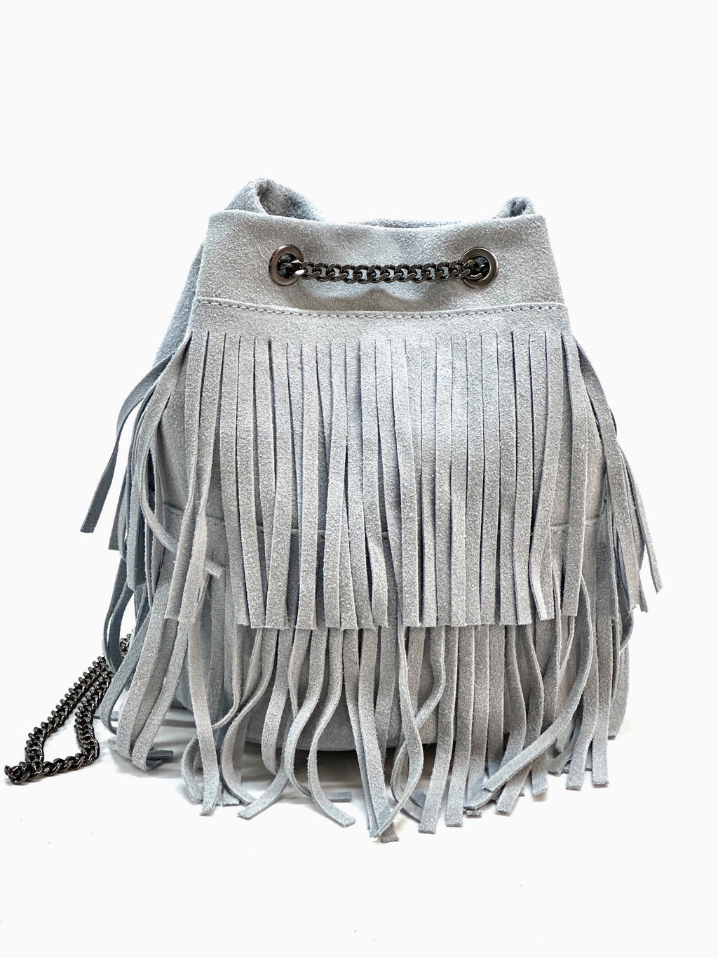 HE1198 Grey Fringe Suede Bucket Bag