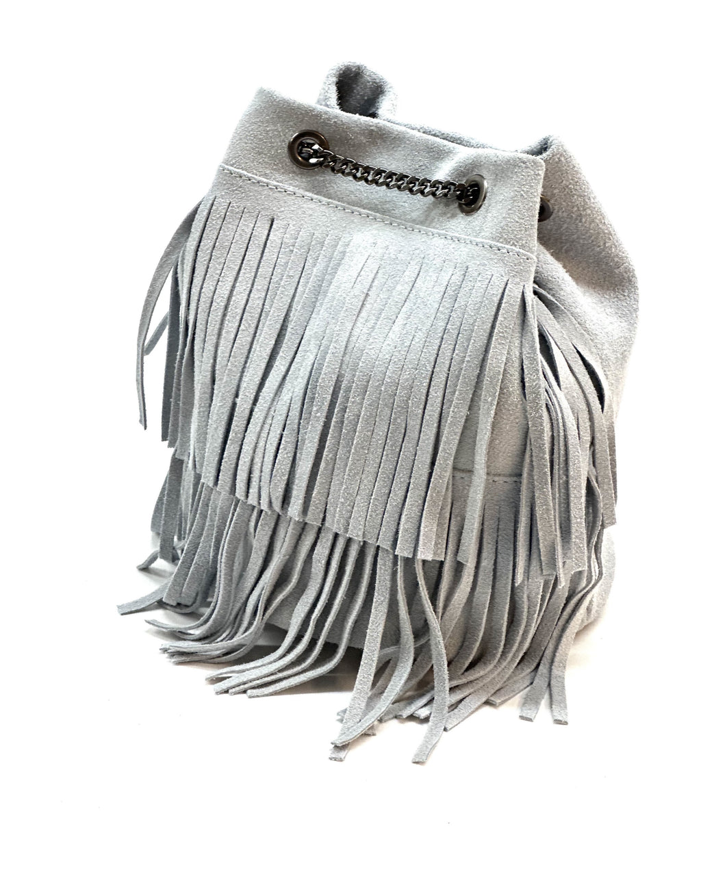 HE1198 Grey Fringe Suede Bucket Bag