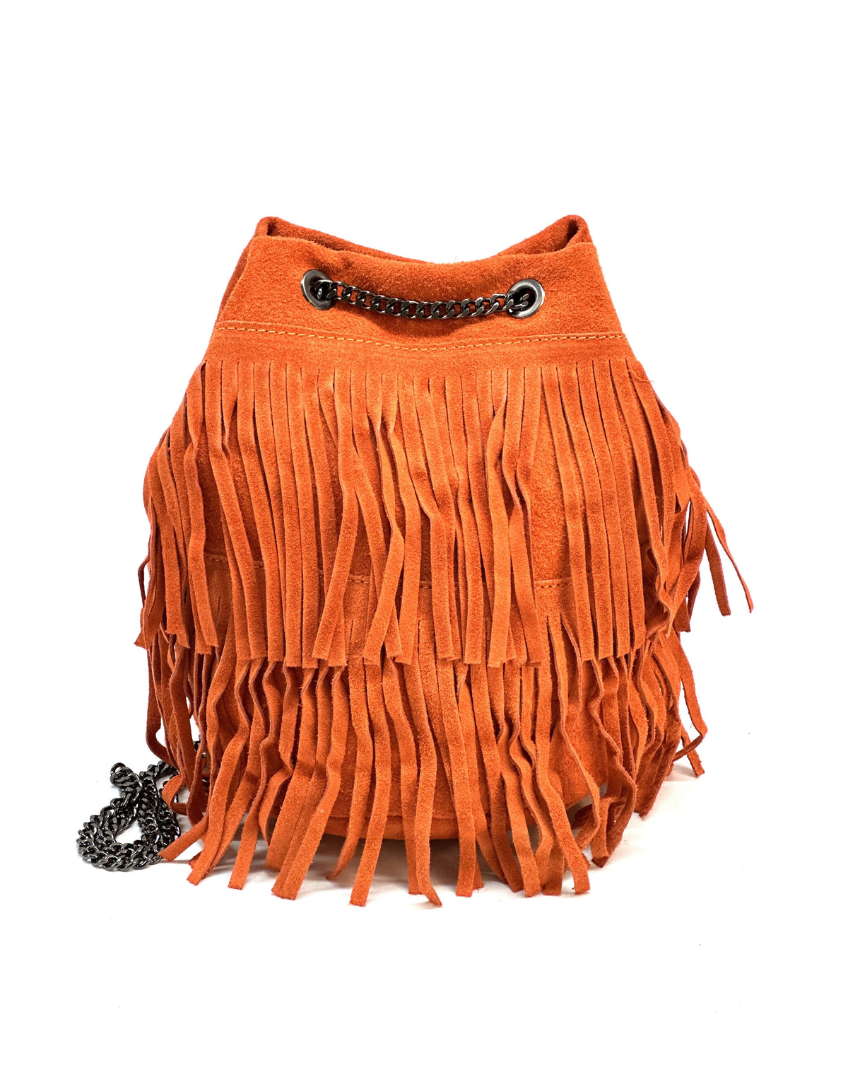 HE1200 Orange Fringe Suede Bucket Bag