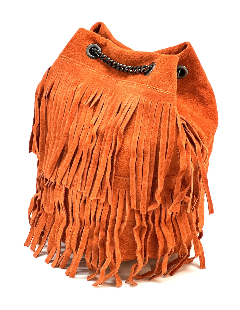 HE1200 Orange Fringe Suede Bucket Bag