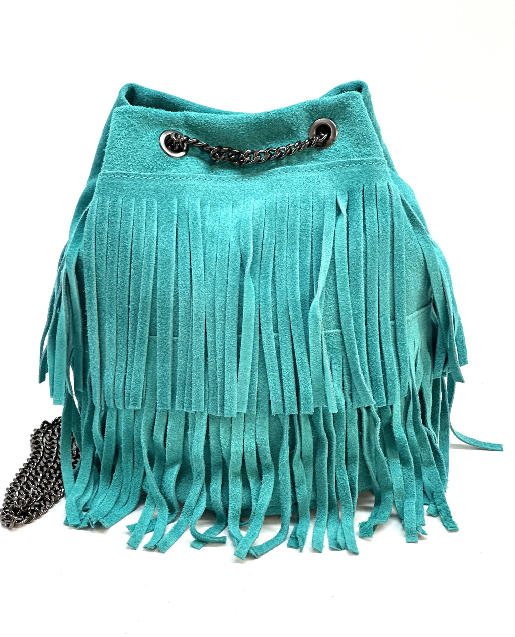 HE1201 Turquoise Fringe Suede Bucket Bag