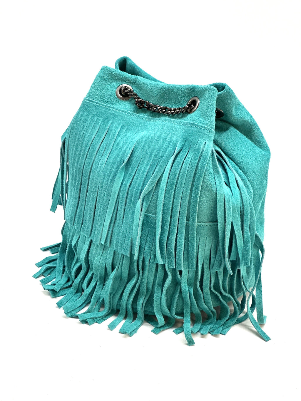 HE1201 Turquoise Fringe Suede Bucket Bag