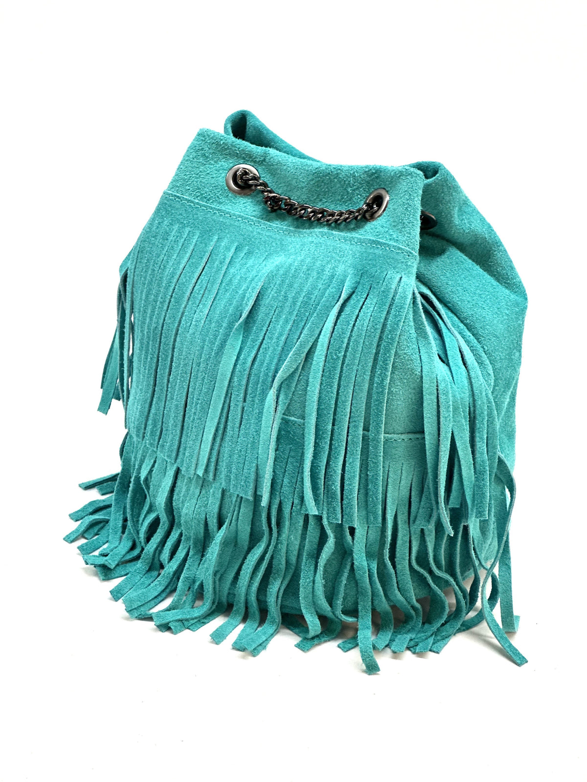 HE1201 Turquoise Fringe Suede Bucket Bag