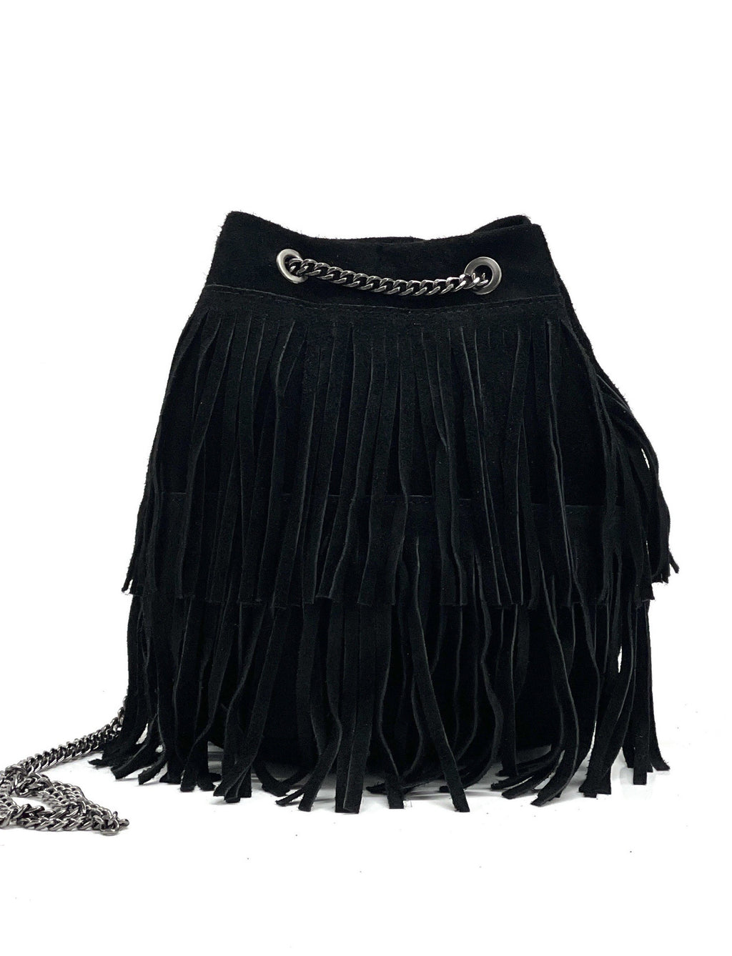 HE1202 Black Fringe Suede Bucket Bag