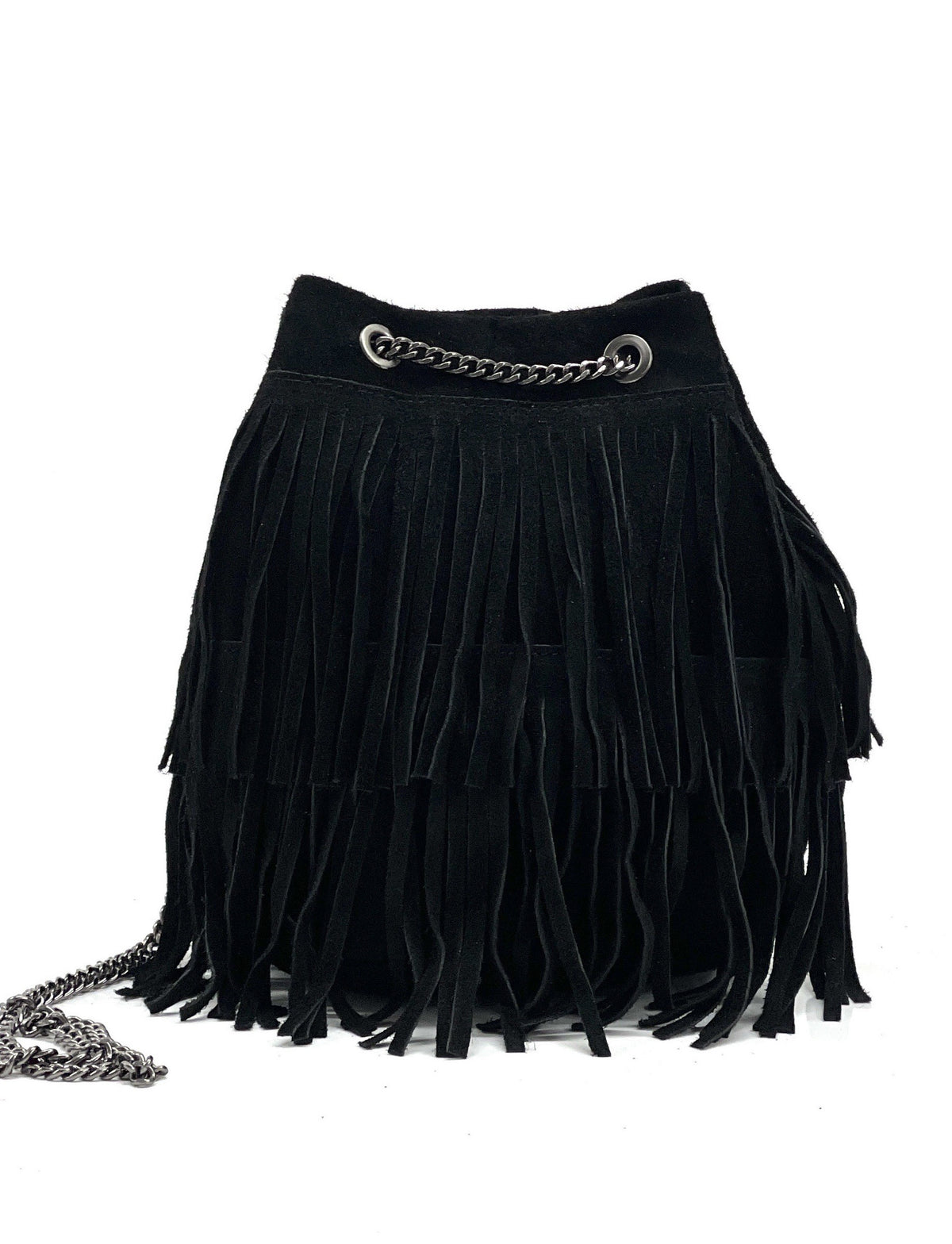 HE1202 Black Fringe Suede Bucket Bag