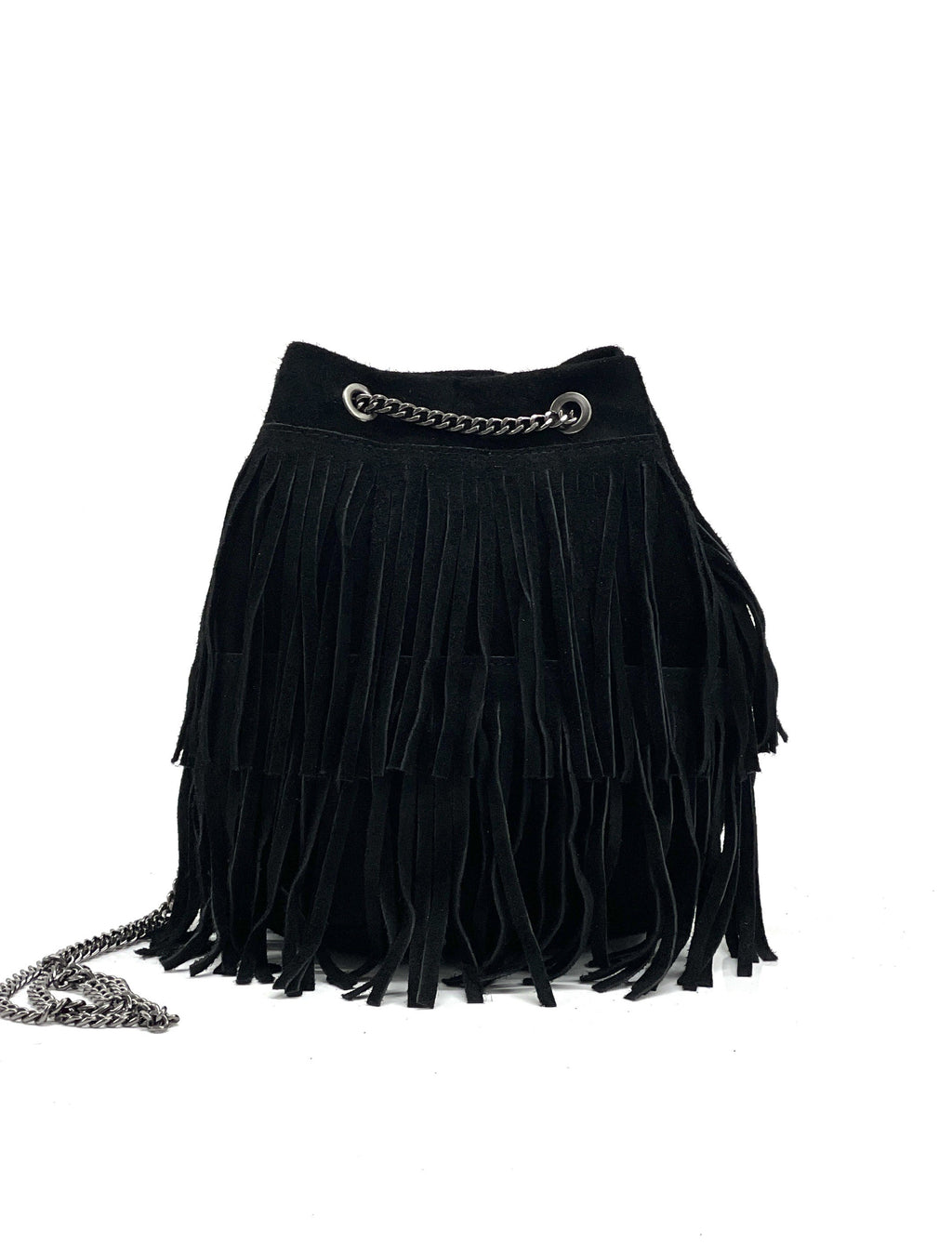 HE1202 Black Fringe Suede Bucket Bag