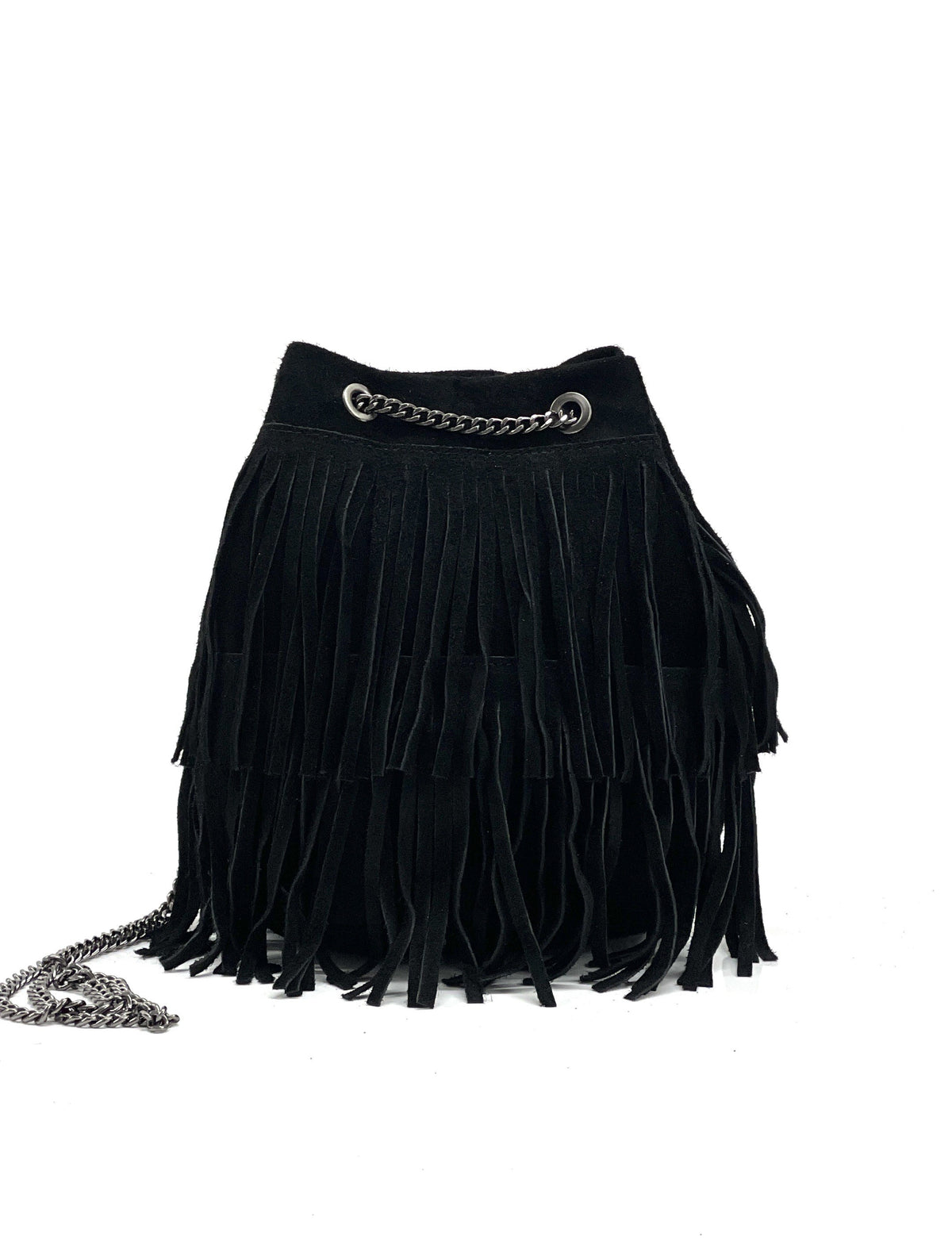 HE1202 Black Fringe Suede Bucket Bag