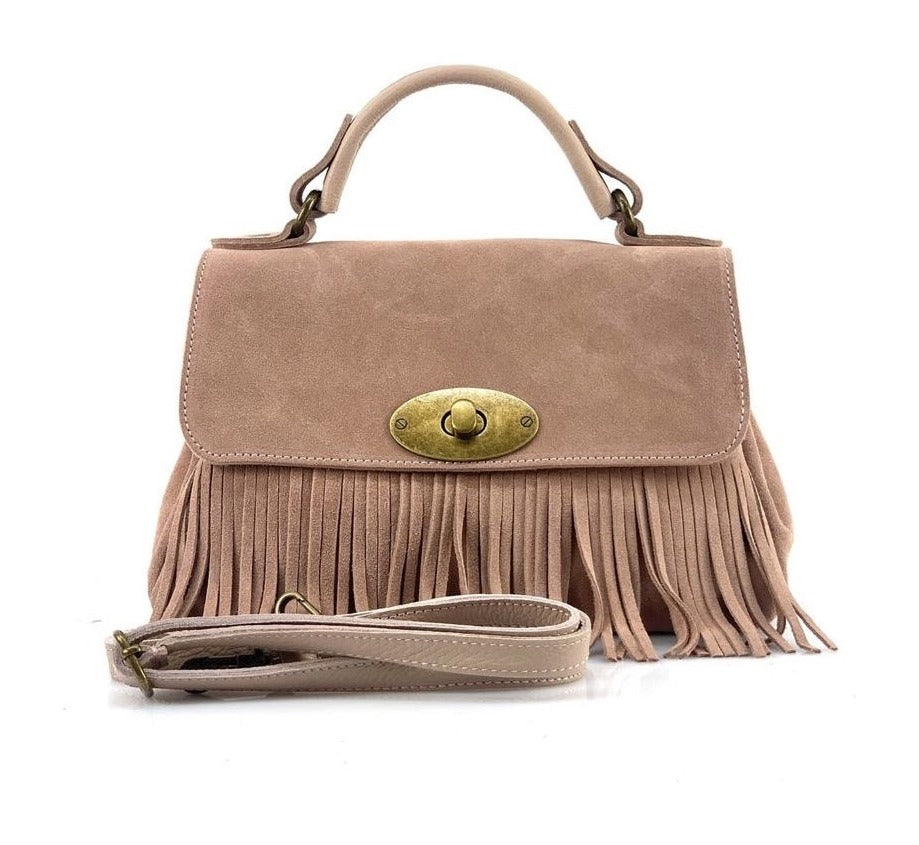 HE1203 Powder Pink Fringe Suede Top Handle Bag