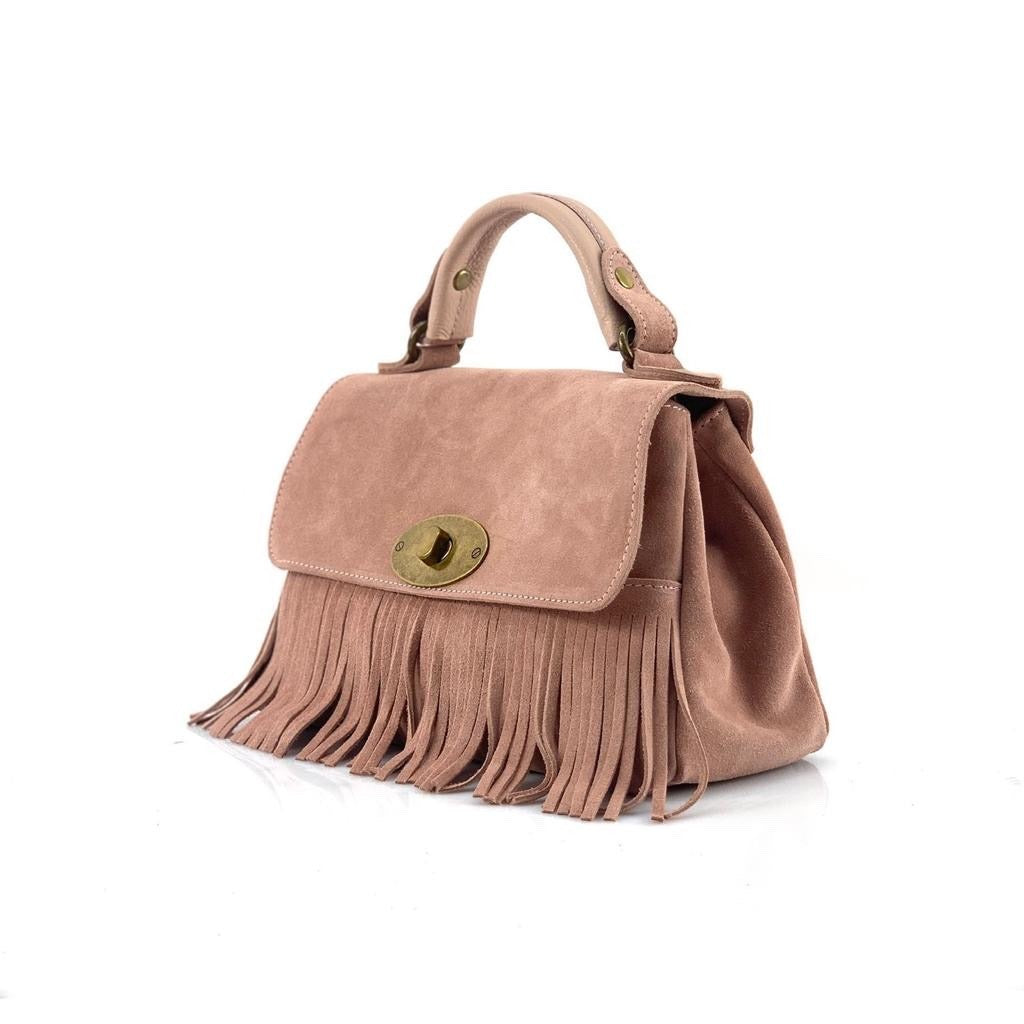 HE1203 Powder Pink Fringe Suede Top Handle Bag