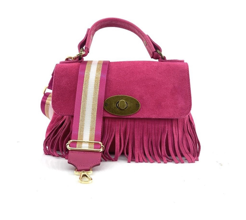 HE1204 Fuchsia Fringe Suede Top Handle Bag