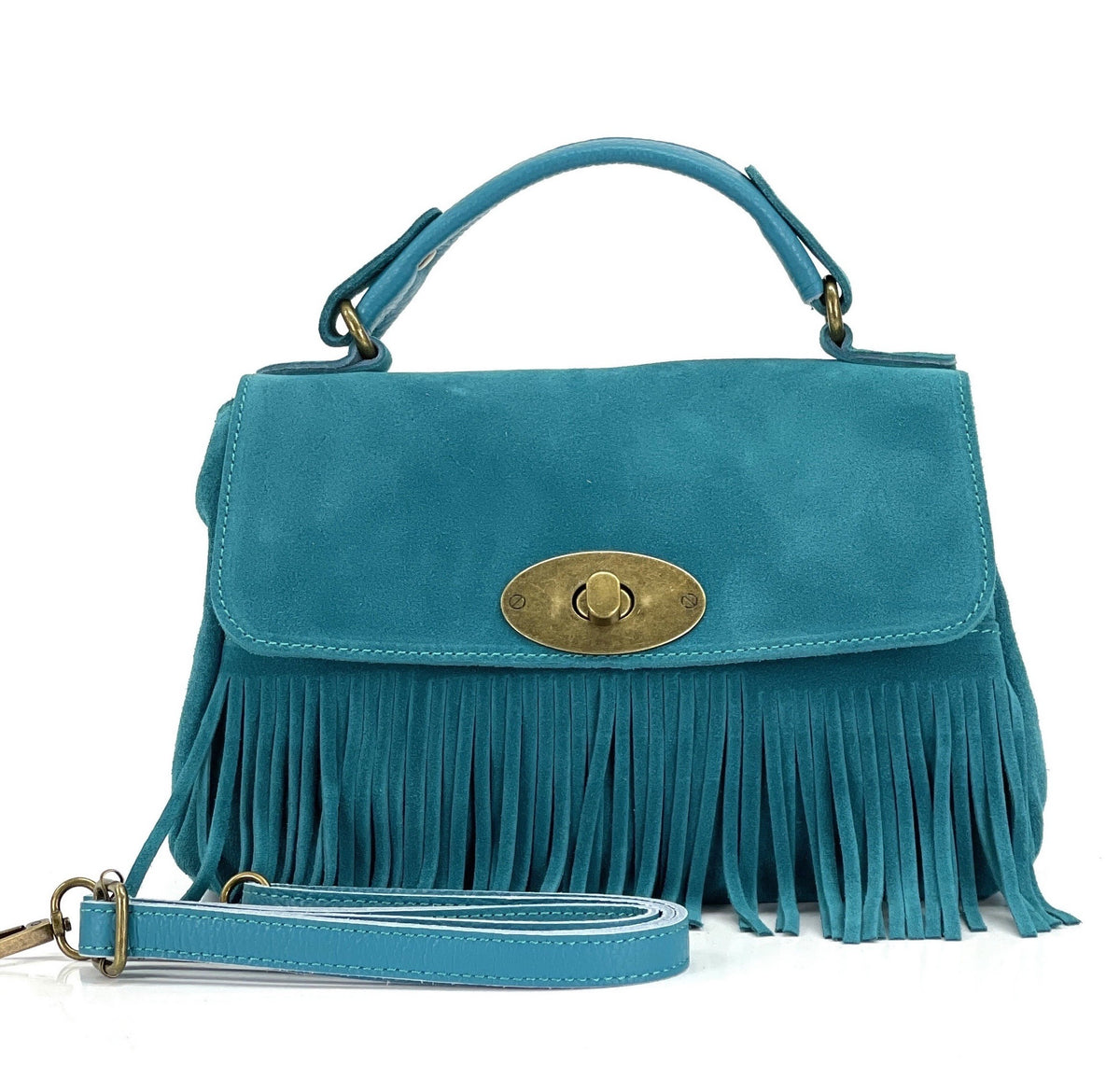 HE1205 Turquoise Fringe Suede Top Handle Bag