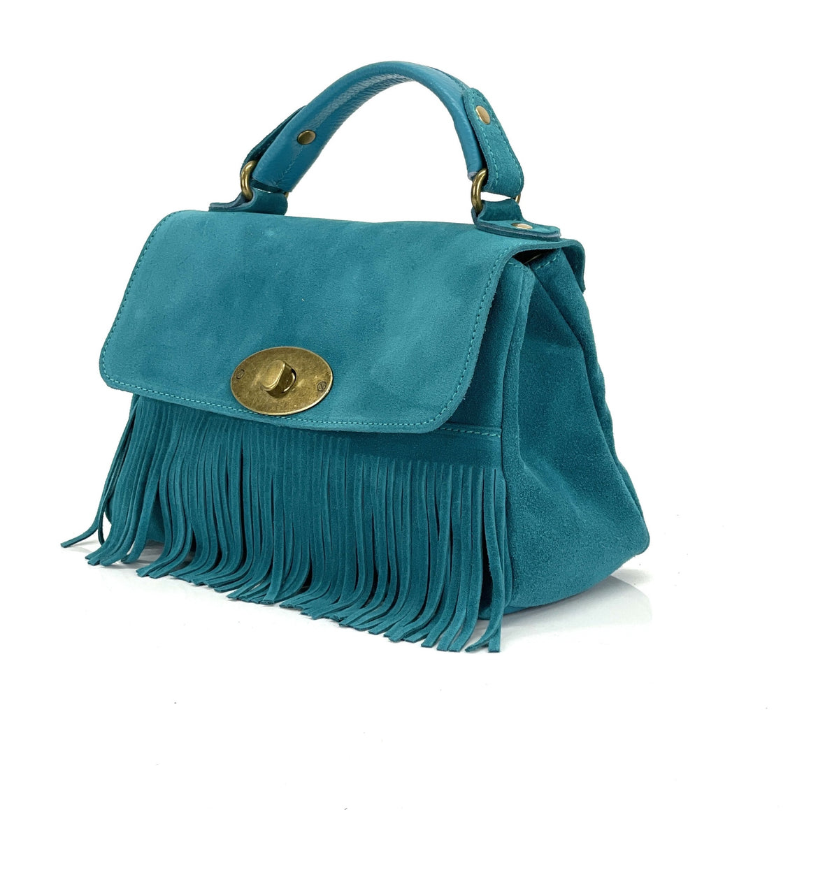 HE1205 Turquoise Fringe Suede Top Handle Bag